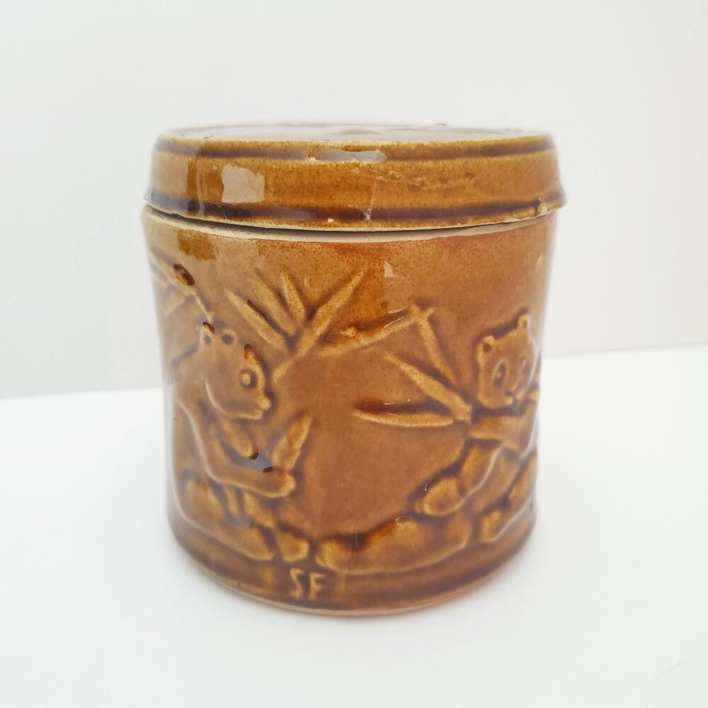 Bamboo & Panda Bear Design Ceramic Container Canister Embossed Graphic L. Brown